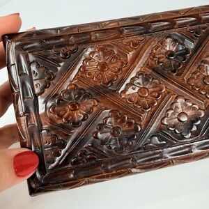 Vintage Hand Carved Rosewood Jewelry Box 11" Long With Red Liner Made In India‎